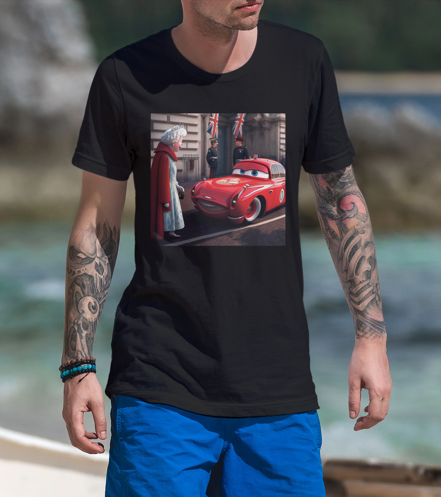 Lightning McQueen Meets Queen Of England With British Guards And Flags T-Shirt