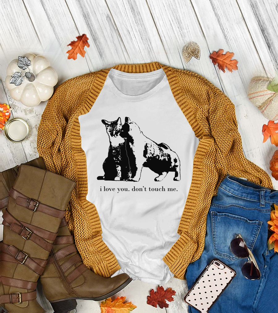 I Love You Don't Touch Me Cat Duo Black and White Contrast T-Shirt