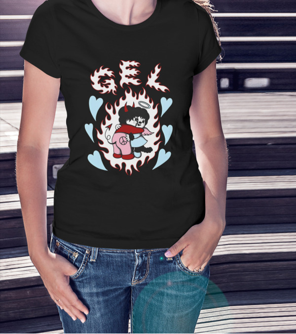 GEL Flaming Angels And Demons Embrace With Hearts T-Shirt