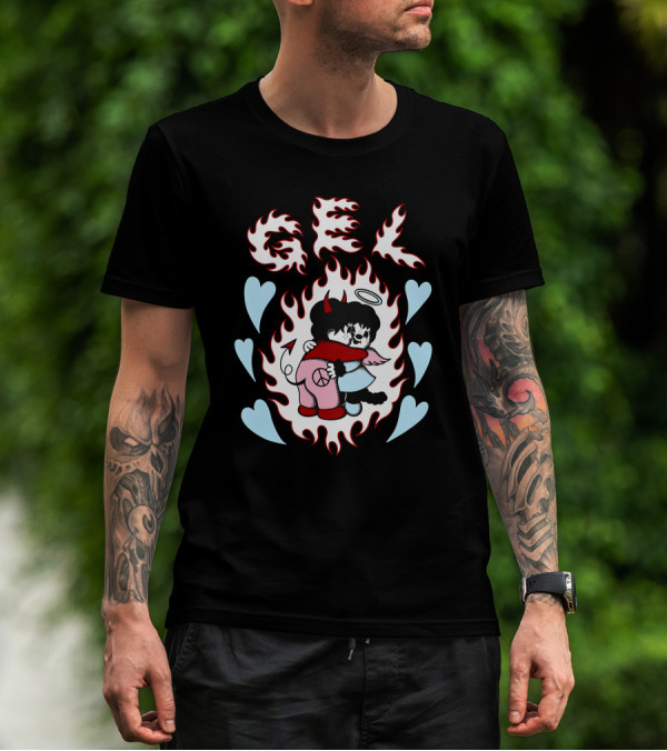 GEL Flaming Angels And Demons Embrace With Hearts T-Shirt