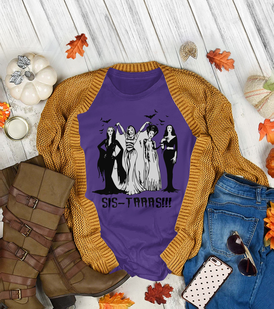 SIS-TAAAS Gothic Witches Halloween Illustration with Bats T-Shirt