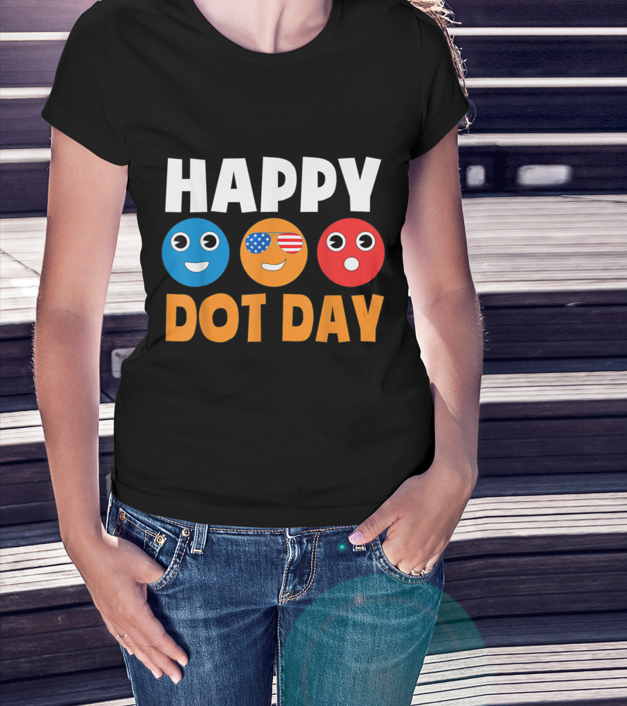 Happy International Dot Day Colorful Emoji Faces With USA Flag Glasses T-Shirt