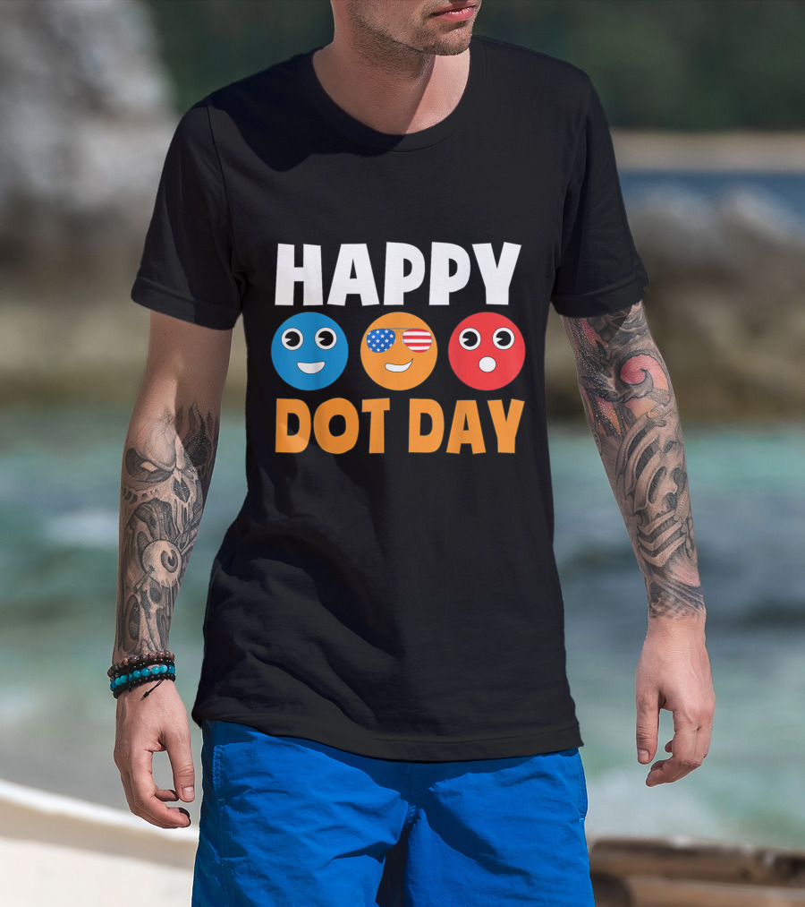 Happy International Dot Day Colorful Emoji Faces With USA Flag Glasses T-Shirt