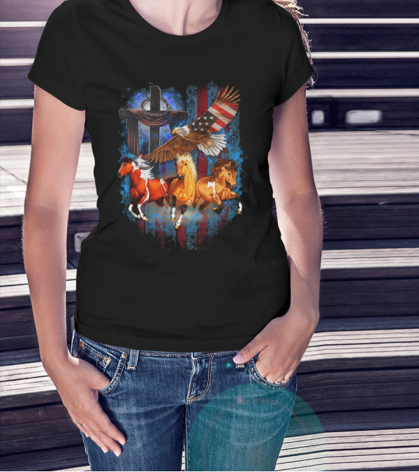 GOD Horse American Flag Eagle Cross T-Shirt