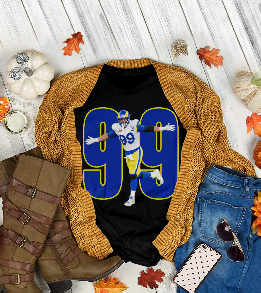 Aaron Charles Donald Number 99 NFL Player in Blue and Yellow Football Uniform T-Shirt
