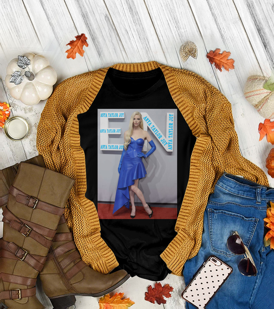 Anya Taylor Joy Blue Dress Ensemble with Long Gloves T-Shirt