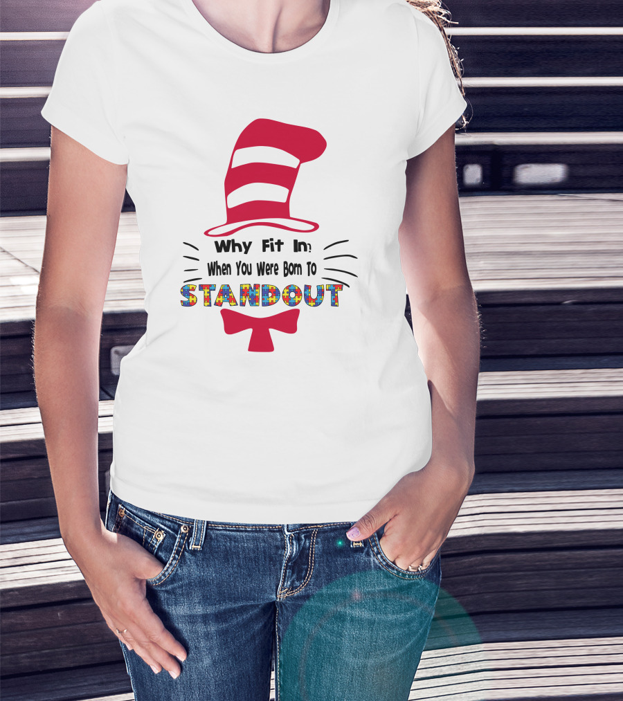 Why Fit In When You Were Born To Standout Autism Cat Hat Puzzle T-Shirt