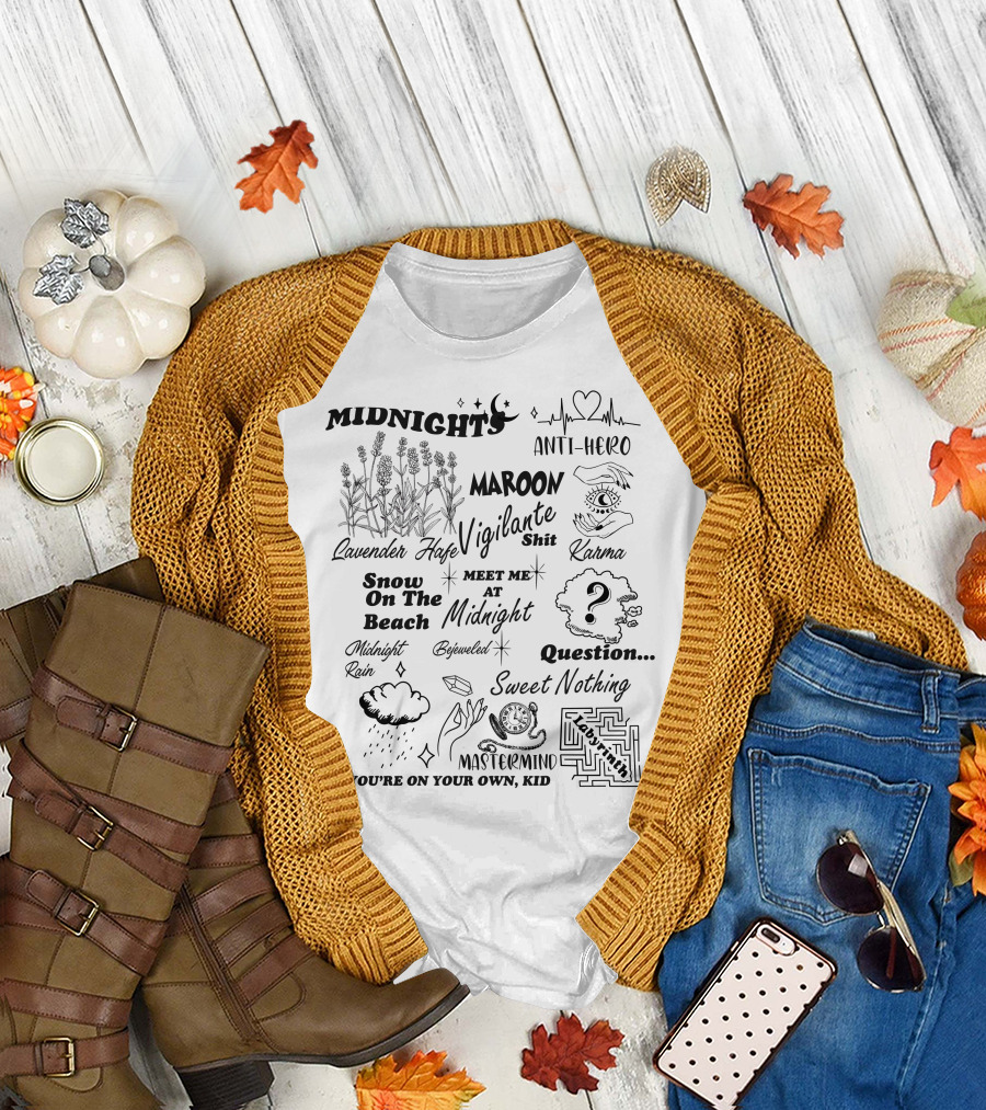 Taylor Swift Midnights Lavender Haze Anti-Hero Maroon Snow On The Beach Karma Question Sweet Nothing Mastermind T-Shirt