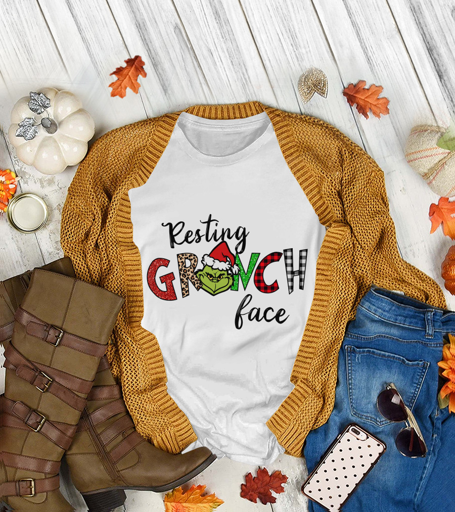 Resting Grinch Face Christmas Santa Hat Character T-Shirt