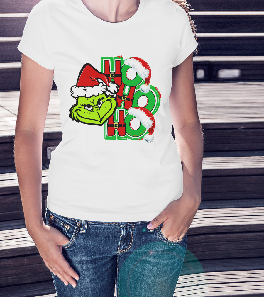 Grinch Ho Ho Ho Santa Hat Christmas T-Shirt