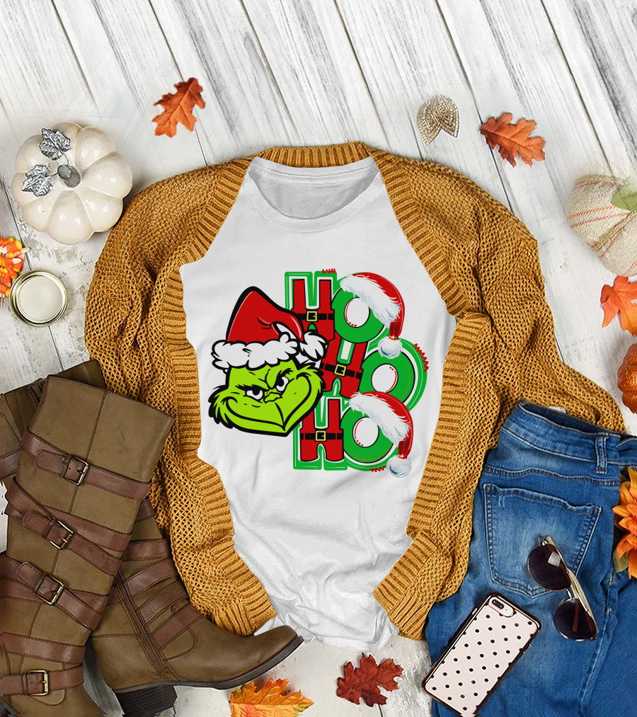 Grinch Ho Ho Ho Santa Hat Christmas T-Shirt