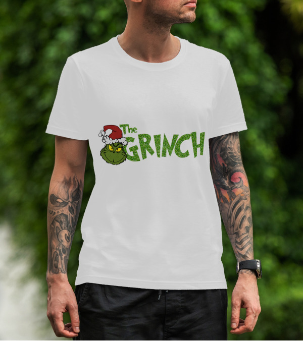 The Grinch Santa Hat Christmas Green Glittery Text T-Shirt