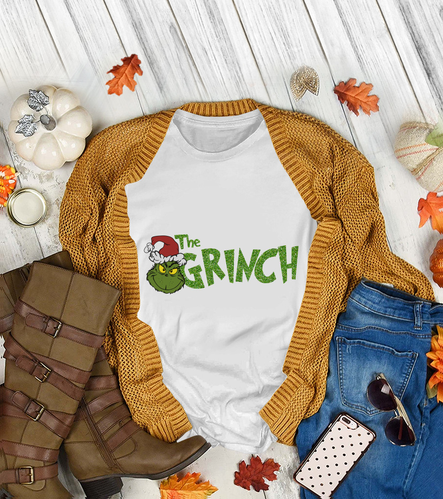 The Grinch Santa Hat Christmas Green Glittery Text T-Shirt