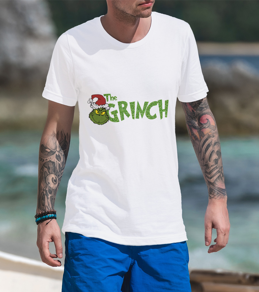 The Grinch Santa Hat Christmas Green Glittery Text T-Shirt