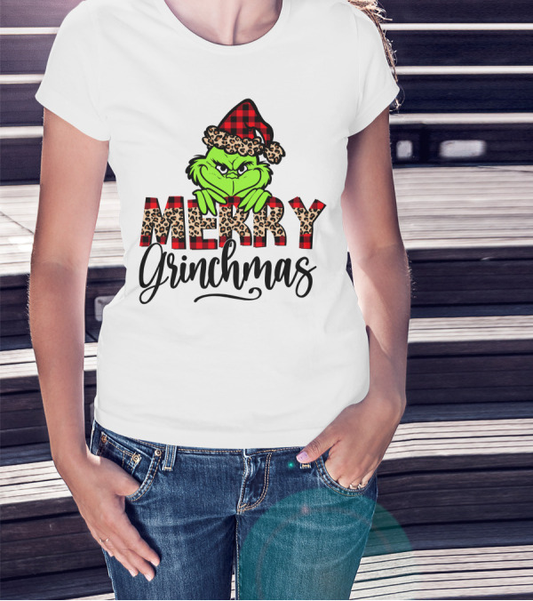 Merry Grinchmas Red Plaid And Leopard Print Christmas Grinch T-Shirt