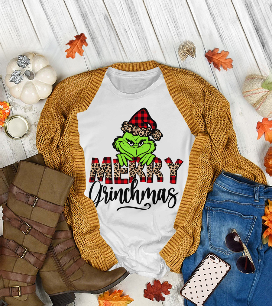 Merry Grinchmas Red Plaid and Leopard Print Christmas Grinch T-Shirt
