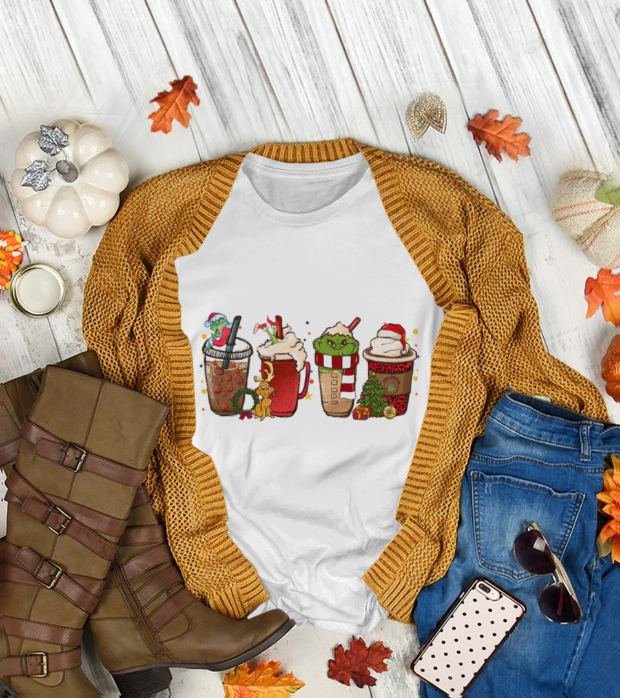 Grinch Christmas Coffee Drinks with Santa Hats and Holiday Decorations T-Shirt