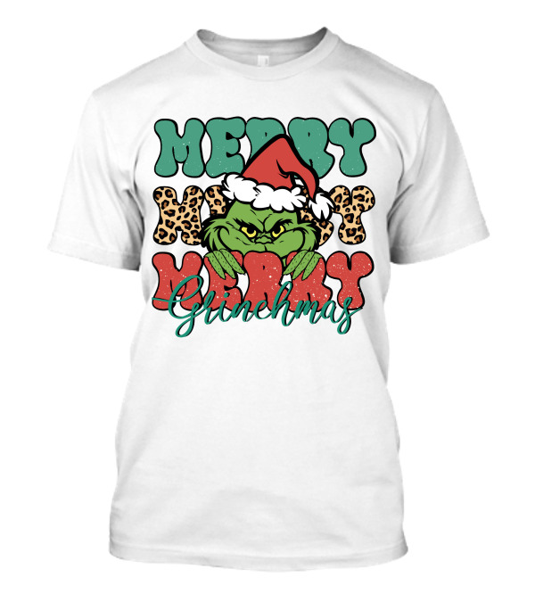 Merry Grinchmas Merry Merry Merry Grinch Christmas Santa Hat Green Face Leopard Print T-Shirt