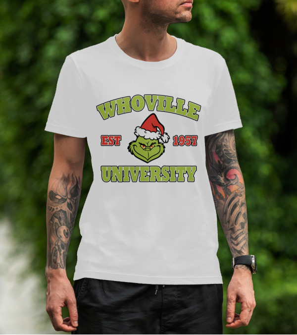 Whoville University Est 1957 Grinch Santa Hat T-Shirt