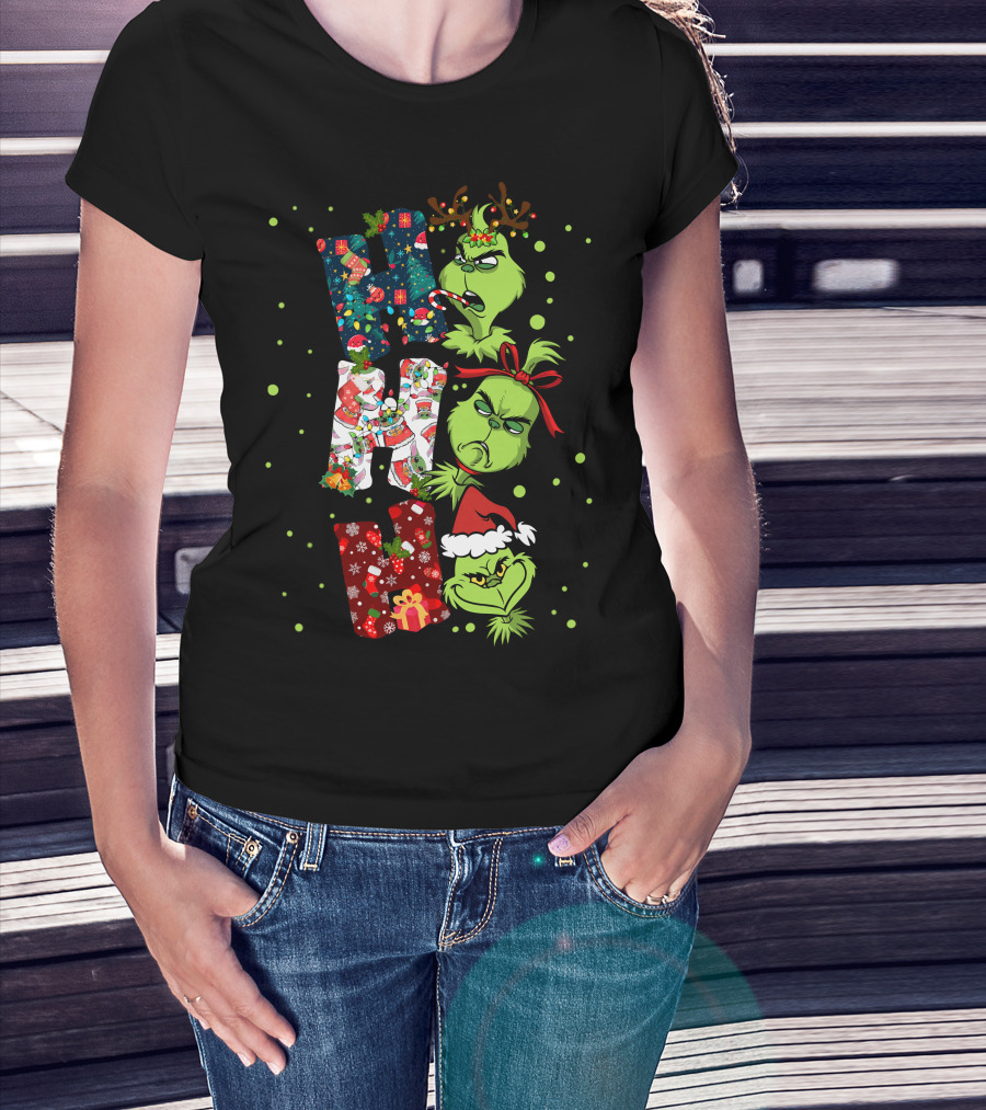 Grinch Ho Ho Ho Christmas Characters With Antlers And Santa Hat T-Shirt