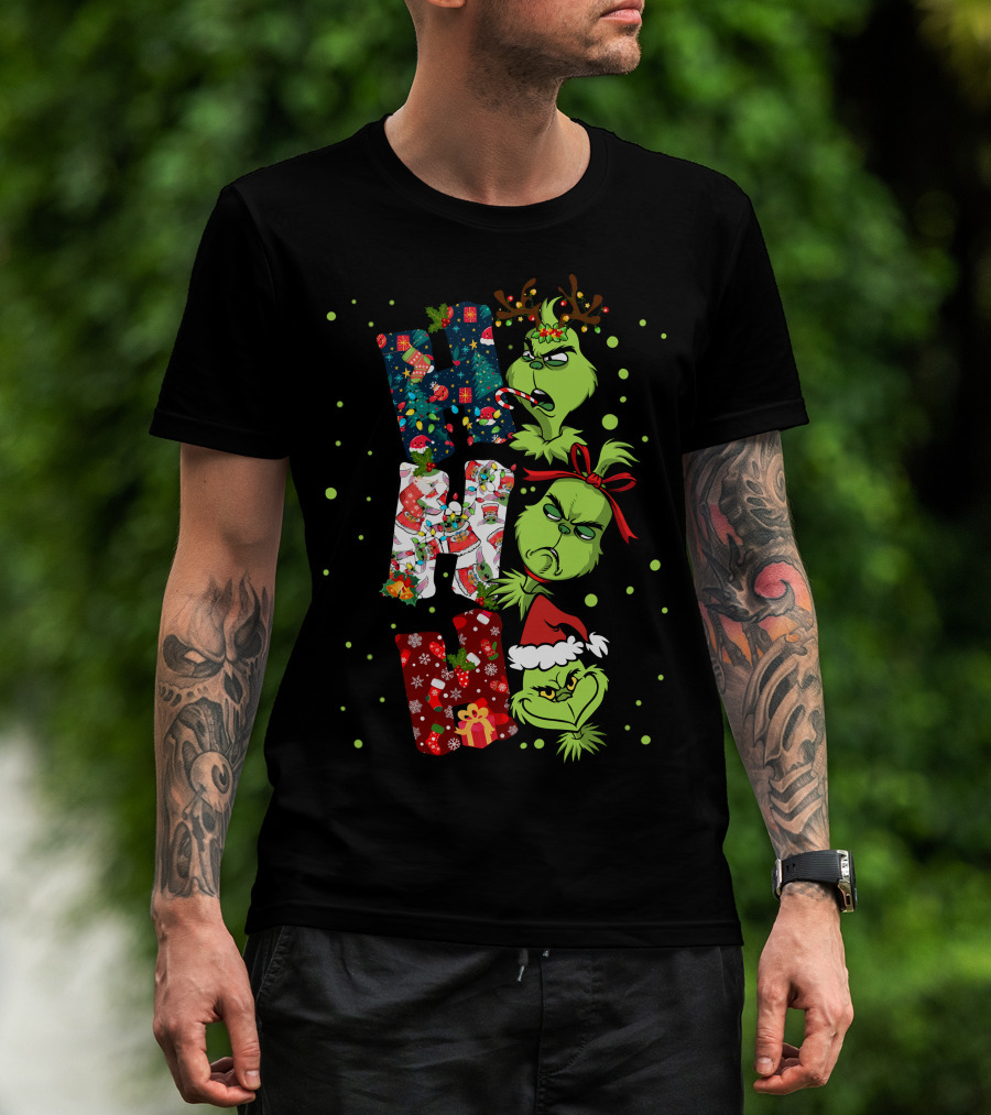 Grinch Ho Ho Ho Christmas Characters With Antlers And Santa Hat T-Shirt