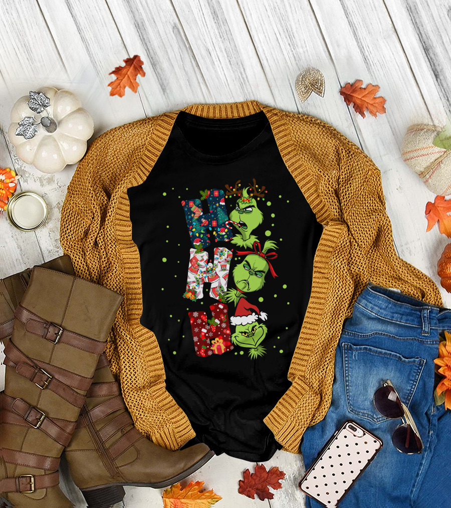 Grinch Ho Ho Ho Christmas Characters with Antlers and Santa Hat T-Shirt