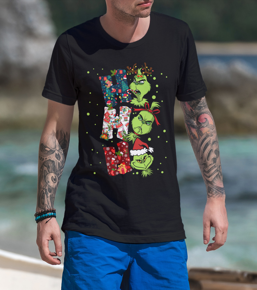 Grinch Ho Ho Ho Christmas Characters With Antlers And Santa Hat T-Shirt