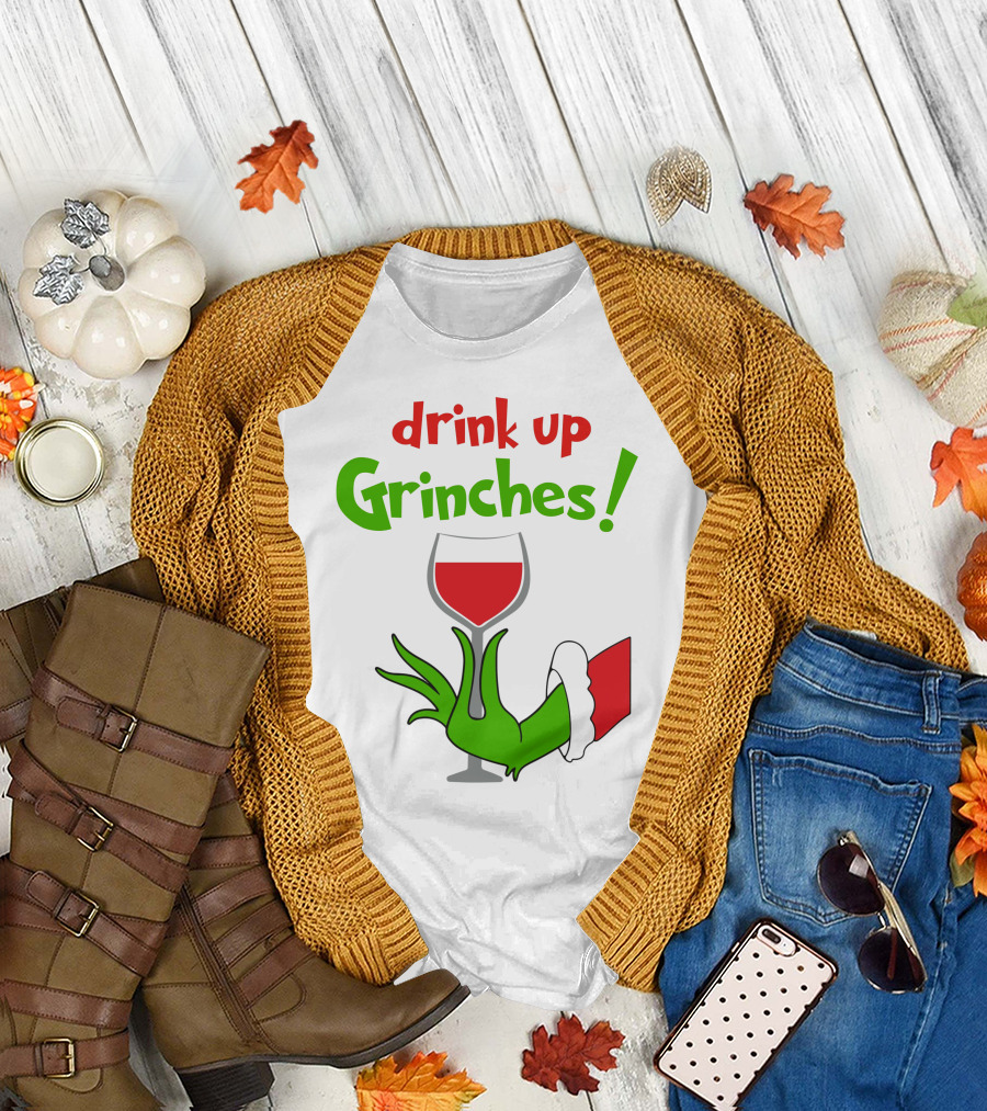 Drink Up Grinches Christmas Wine Glass Green Hand Santa Sleeve T-Shirt
