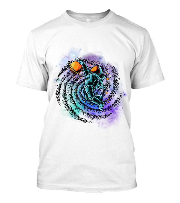 Astronaut Grasping Saturn In Cosmic Swirl 'Conquer The Universe' T-Shirt