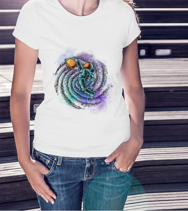 Astronaut Grasping Saturn In Cosmic Swirl 'Conquer The Universe' T-Shirt