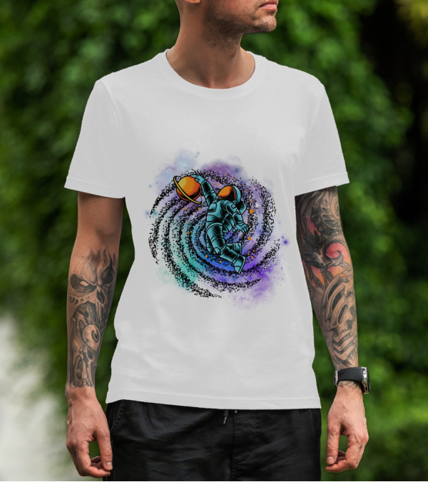 Astronaut Grasping Saturn In Cosmic Swirl 'Conquer The Universe' T-Shirt