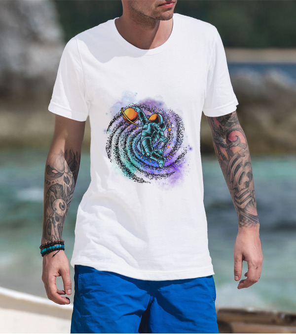 Astronaut Grasping Saturn In Cosmic Swirl 'Conquer The Universe' T-Shirt
