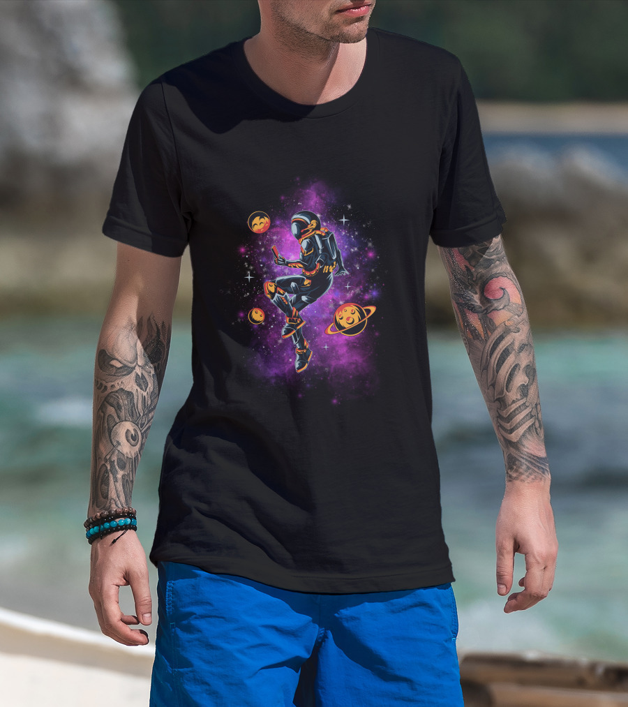 Astronaut Exploring Cosmic Emojis In Vibrant Galaxy Space Adventure T-Shirt