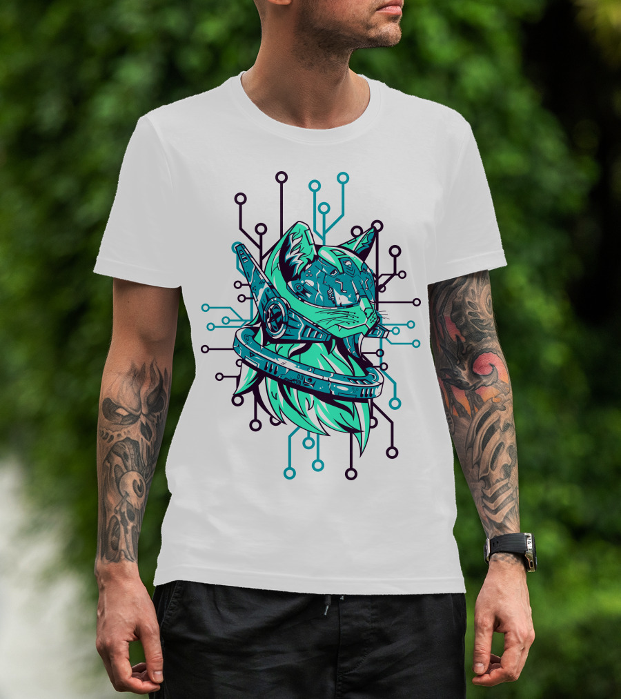 Futuristic Cybernetic Cat With Circuitry Elements T-Shirt