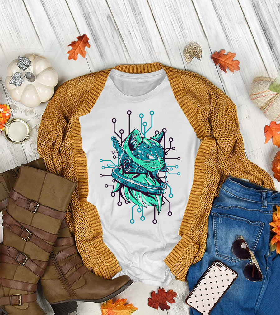 Futuristic Cybernetic Cat with Circuitry Elements T-Shirt