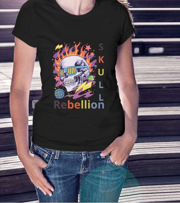 Rebellion Skull With Fiery Sunglasses And Cosmic Elements T-Shirt