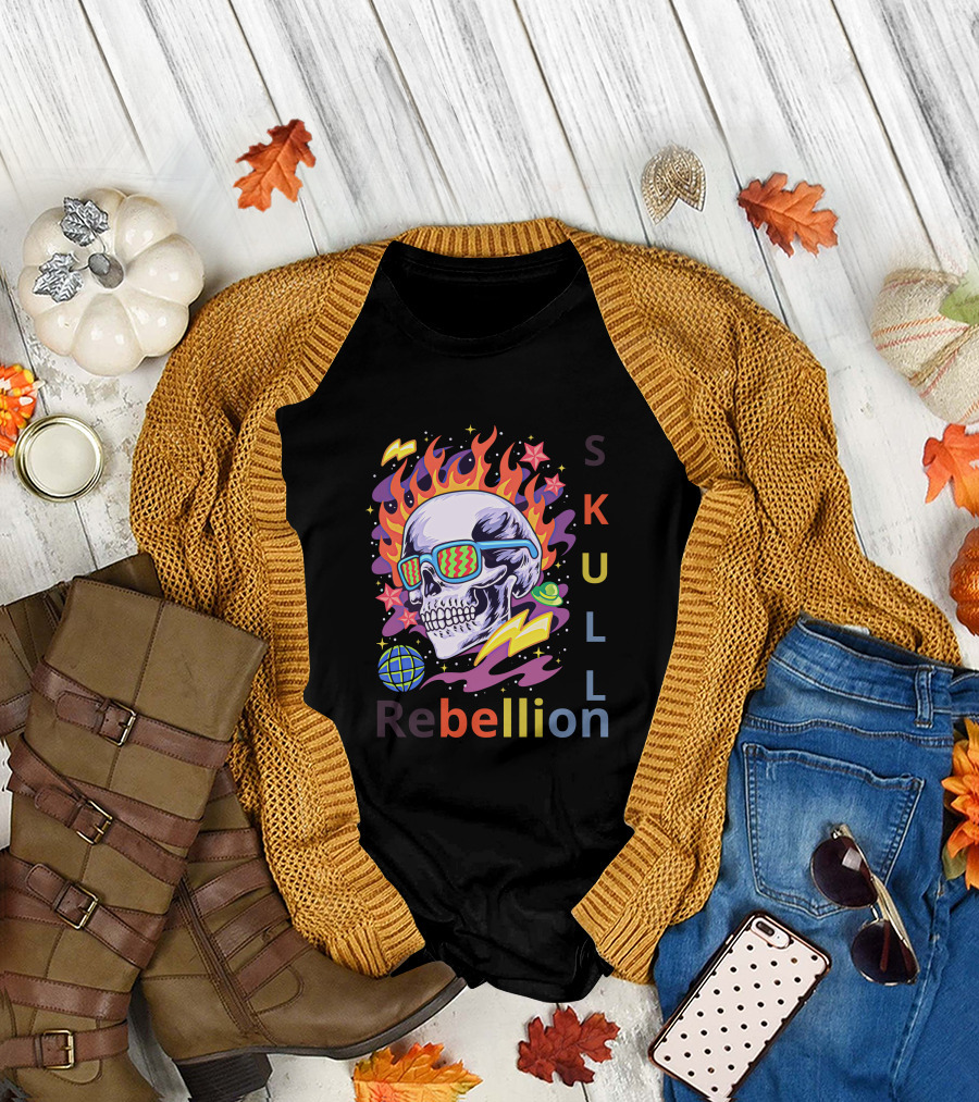 Rebellion Skull with Fiery Sunglasses and Cosmic Elements T-Shirt