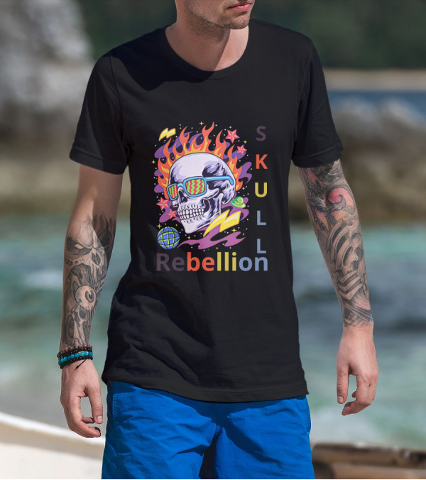 Rebellion Skull With Fiery Sunglasses And Cosmic Elements T-Shirt
