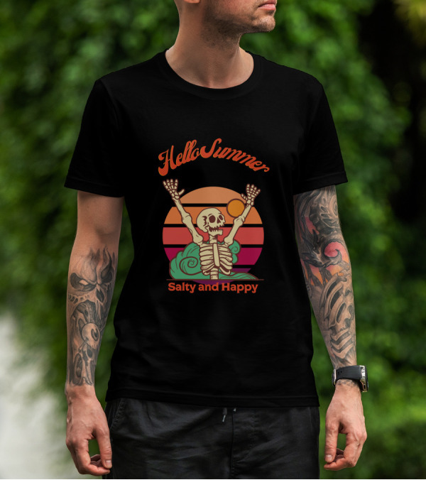 Hello Summer Salty And Happy Skeleton Sunset T-Shirt