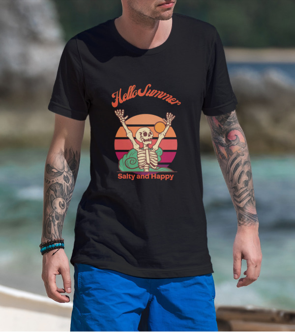 Hello Summer Salty And Happy Skeleton Sunset T-Shirt