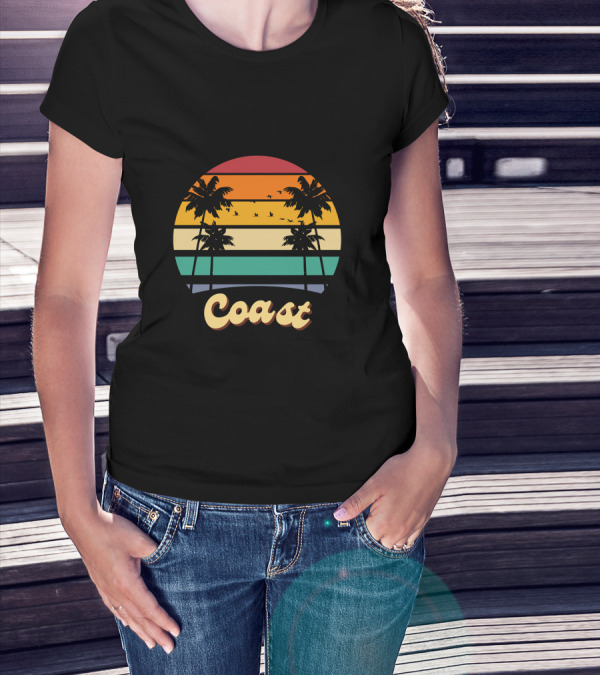 Coast Vintage Sunset Palm Trees Birds T-Shirt