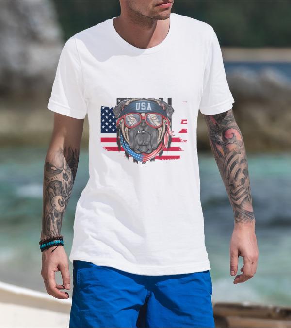 USA Bandana Glasses American Bulldog With Flag Background T-Shirt
