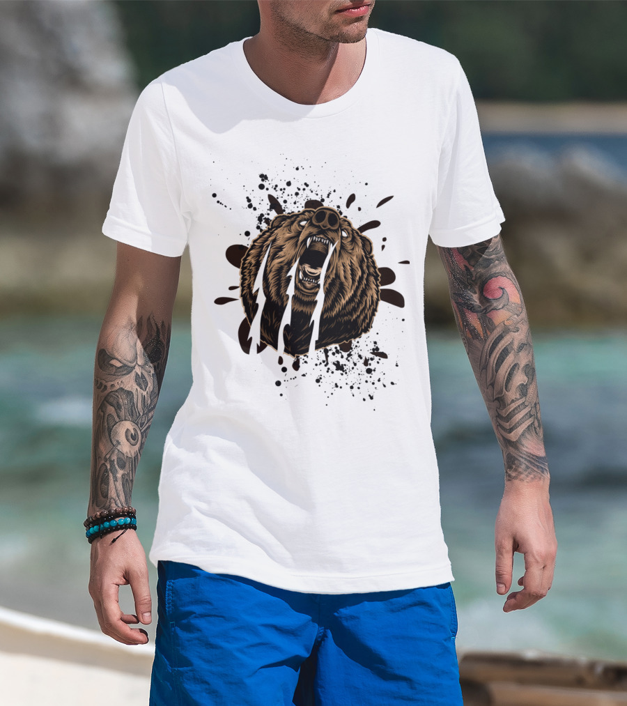Roaring Bear With Splatter Effect And Claw Marks T-Shirt