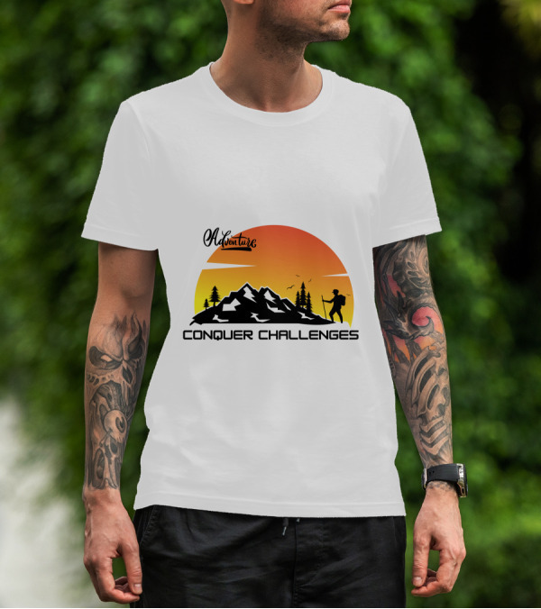 Adventure Conquer Challenges Mountain Hiking Silhouette Sunset Scene T-Shirt