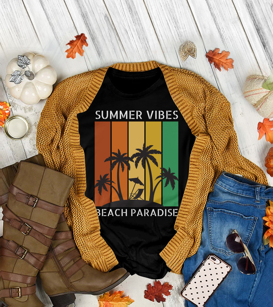 SUMMER VIBES BEACH PARADISE Palm Trees and Lounge Chair on Sunset Stripes T-Shirt