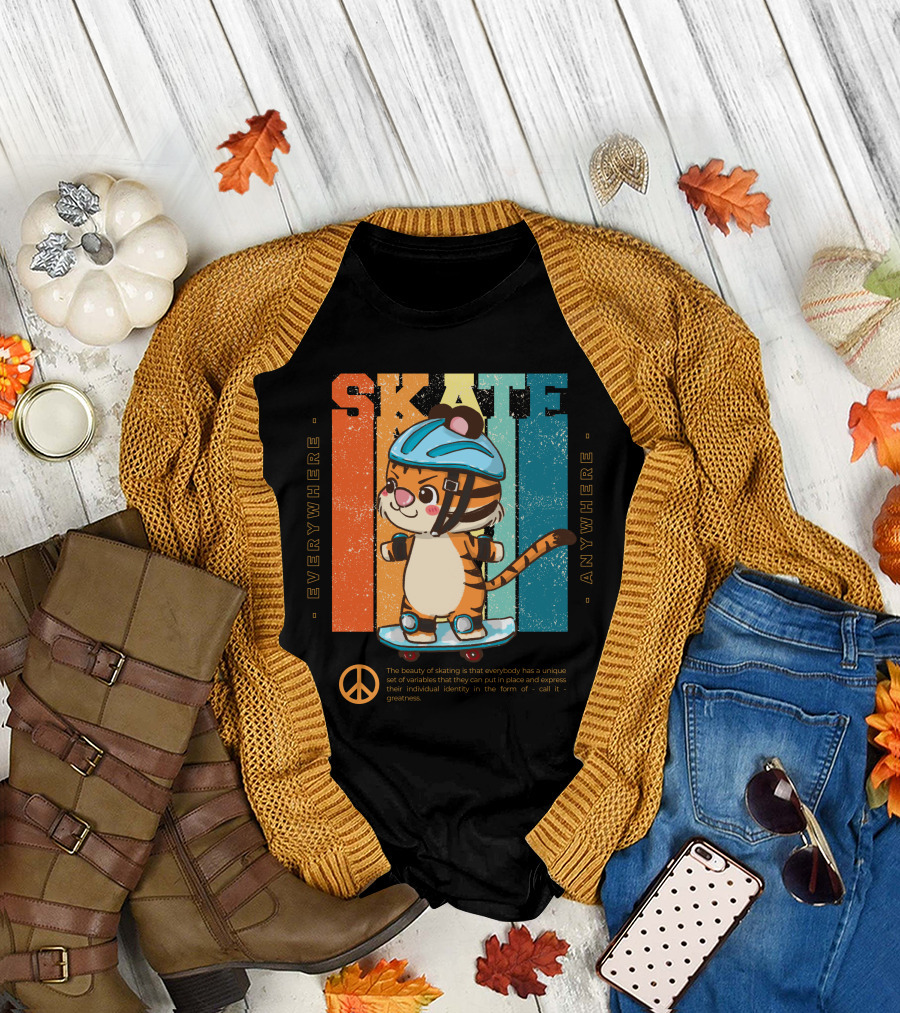 SKATE Tiger Helmet Everywhere Anywhere Peace T-Shirt