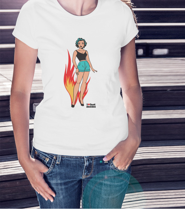 I Heart Hot Moms Vintage Comic Style Flame Background T-Shirt