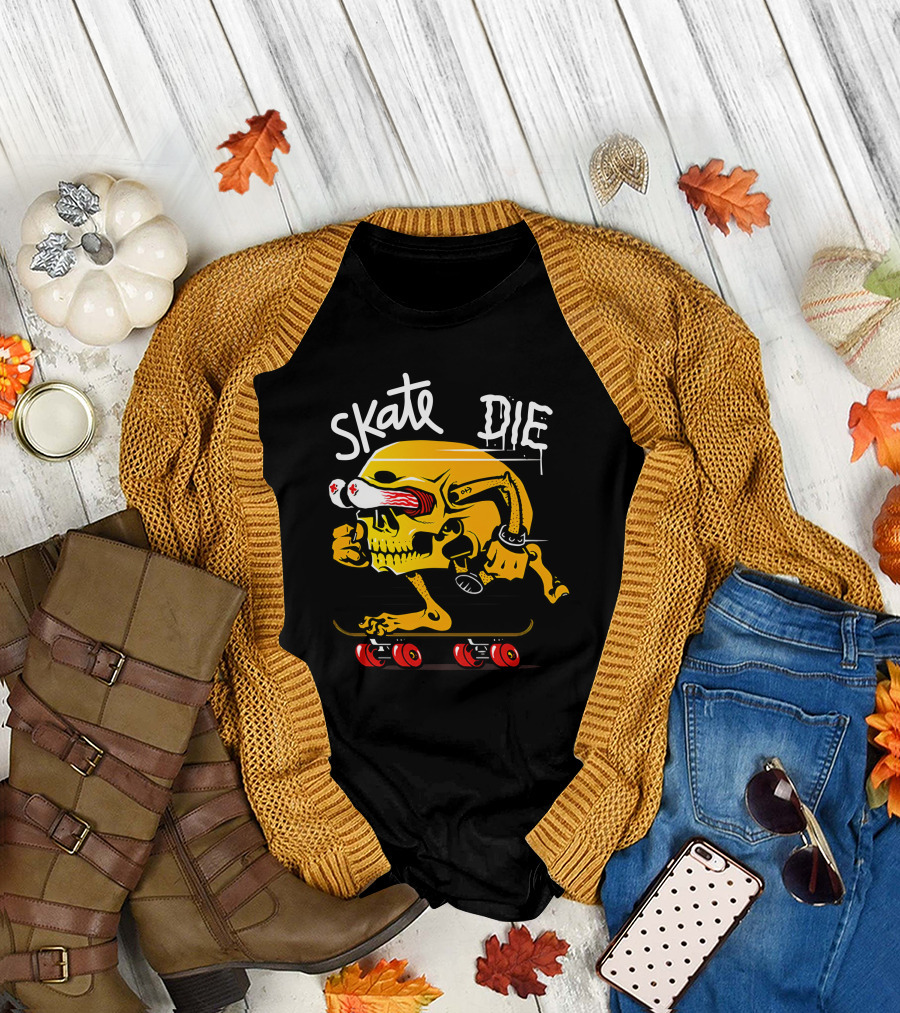 Skate Or Die Thrill-Seeking Skull on Skateboard T-Shirt