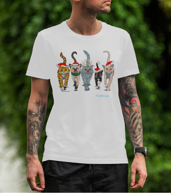 Festive Florida 90s Christmas Cats Holiday Santa Hats And Reindeer Antlers T-Shirt