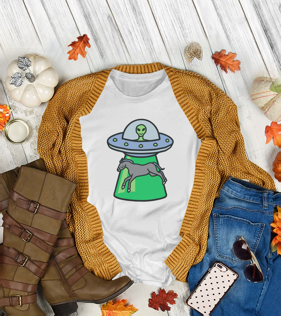 Alex's Stupid Studio Alien Lime UFO Abducting Horse T-Shirt